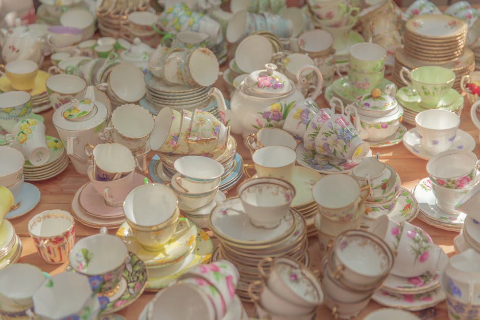 Close up details of vintage bone china tea set