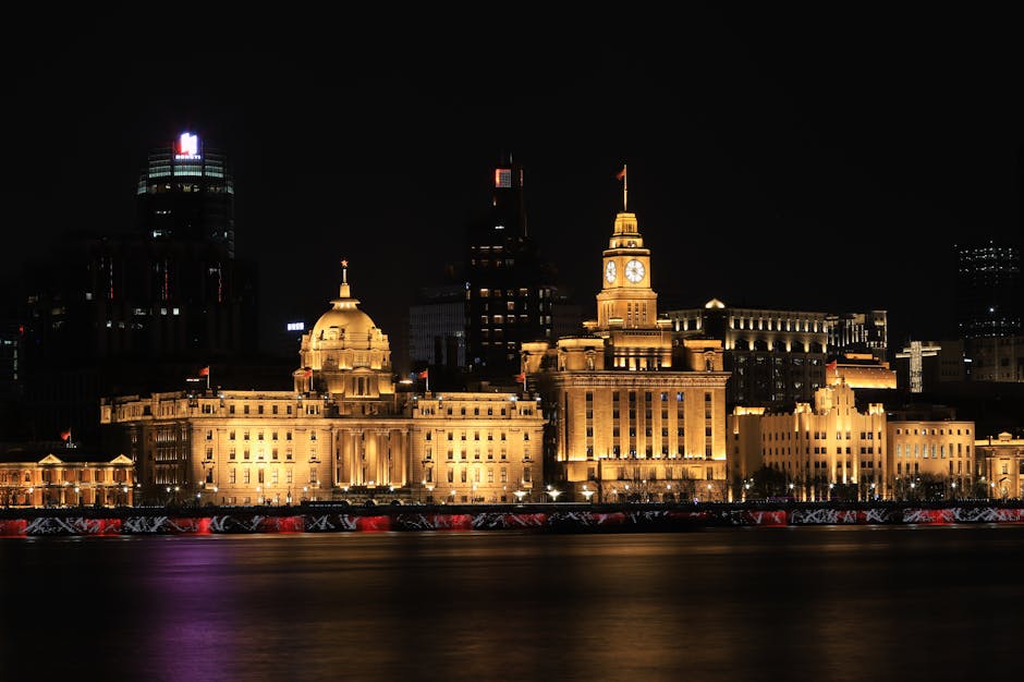 View of Shanghai Lujiazui skyline from a dining table on the Bund at night